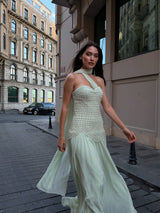 Amy – Asymmetric Beaded Evening Gown with Satin Skirt
