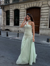 Amy – Asymmetric Beaded Evening Gown with Satin Skirt