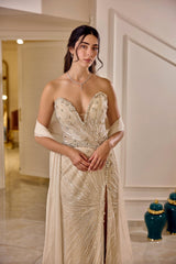Belladore – Nude Champagne Beaded Evening Gown with High Slit – Galisa Grace – view 4