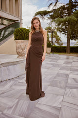 Cassia – Chocolate Brown Halter Gown with Ruched Waist and Satin Sleeves – Galisa Grace – view 3