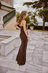 Cassia – Chocolate Brown Halter Gown with Ruched Waist and Satin Sleeves – Galisa Grace – view 5