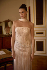 Celestine – Champagne Nude Crystal-Fringe Gown with Satin Column Skirt – Galisa Grace – view 2