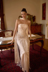 Celestine – Champagne Nude Crystal-Fringe Gown with Satin Column Skirt – Galisa Grace – view 1