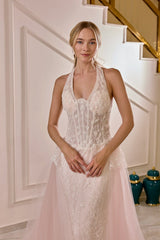 Cressida – Blush Ivory Halter Lace Bridal Gown with Removable Tulle Overskirt – Galisa Grace – view 1
