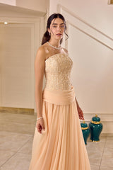 Delphine – Blush Apricot Embroidered Corset Gown with Chiffon Skirt – Galisa Grace – view 3