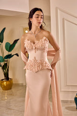Isolde – Blush Pink Satin Gown with Sculpted Floral Appliqués – Galisa Grace – view 3