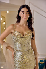 Leonora – Gold Sequin Mermaid Evening Gown with Tulle Side Panels – Galisa Grace – view 3