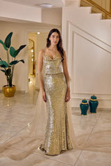 Leonora – Gold Sequin Mermaid Evening Gown with Tulle Side Panels – Galisa Grace – view 1