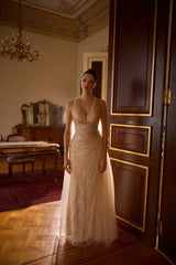 Liora – Cream Beaded V-Neck Gown with Draped Tulle Overlay – Galisa Grace – view 3