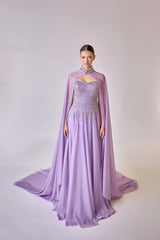 Lysandra – Lavender Crystal-Fringe Evening Gown with Full-Length Cape – Galisa Grace – view 1