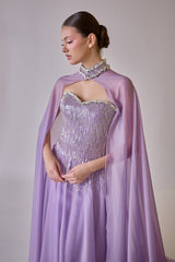 Lysandra – Lavender Crystal-Fringe Evening Gown with Full-Length Cape – Galisa Grace – view 4