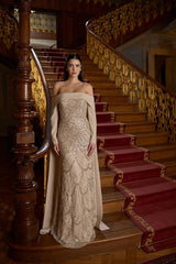 Marcella – Beige Embroidered Off-Shoulder Gown with Cape-Style Sleeves – Galisa Grace – view 1