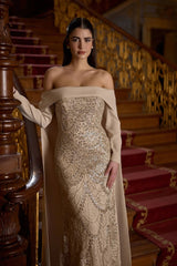 Marcella – Beige Embroidered Off-Shoulder Gown with Cape-Style Sleeves – Galisa Grace – view 2