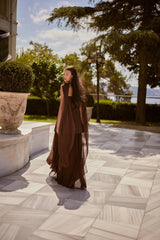 Oriana – Chocolate Brown Floral Evening Tunic and Wide-Leg Trouser Set – Galisa Grace – view 4