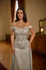 Seraphine – Ice Beige Beaded Off-Shoulder Gown with Satin Side Panels – Galisa Grace – view 2
