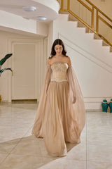 Solenne – Dusty Rose Corset Evening Gown with Flowing Chiffon Sleeves – Galisa Grace – view 1