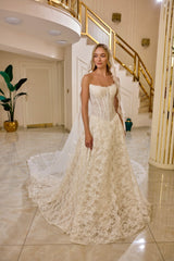 Theodora – Soft Ivory Square-Neck Lace Corset Bridal Gown – Galisa Grace – view 4