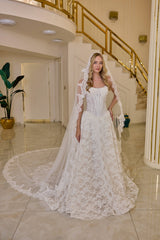 Theodora – Soft Ivory Square-Neck Lace Corset Bridal Gown – Galisa Grace – view 1