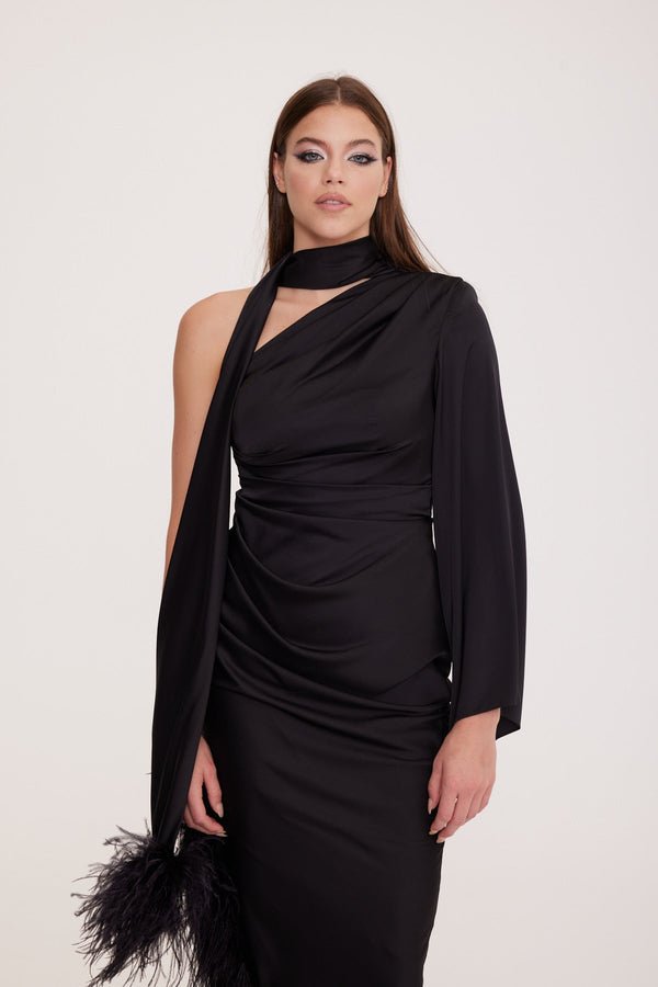 Bethany - One-Shoulder and Long-Sleeved Midi Party Dress