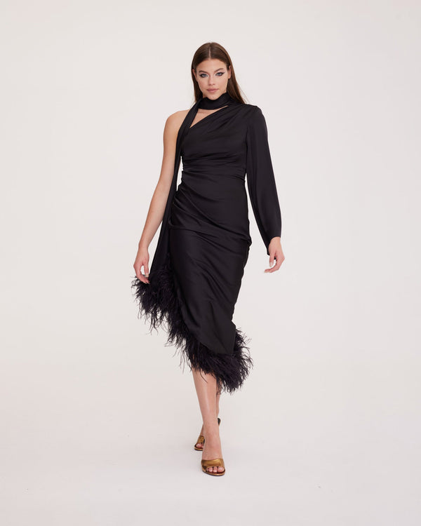 Bethany - One-Shoulder and Long-Sleeved Midi Party Dress