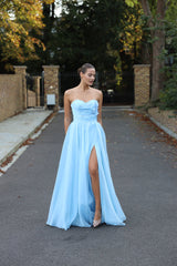 Eira - Floral strapless long sleeve slit wedding guest dress