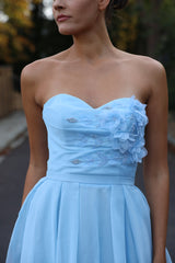 Eira - Floral strapless long sleeve slit wedding guest dress