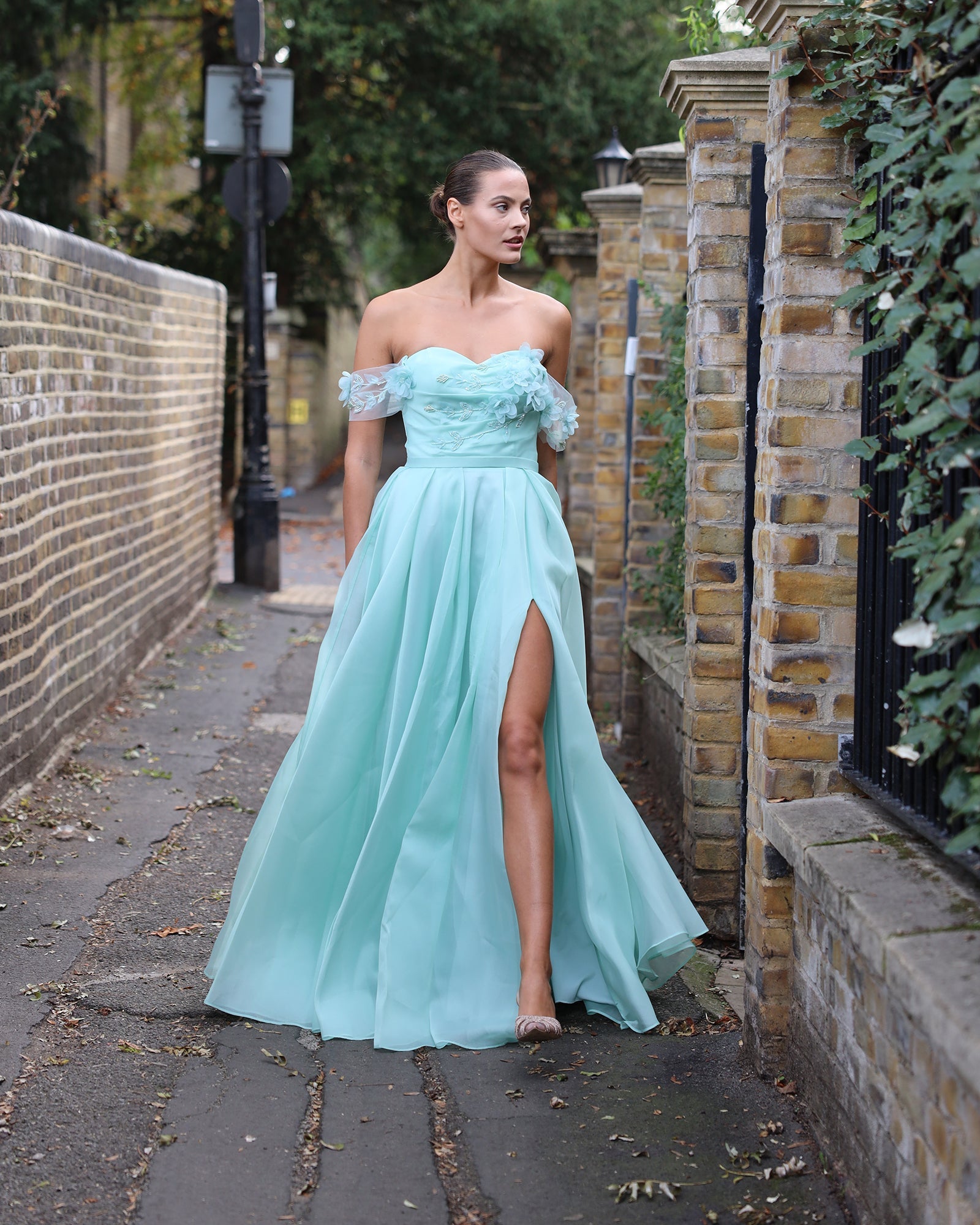 Eira Floral strapless long sleeve slit wedding guest dress