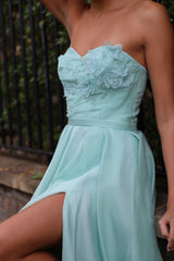 Eira - Floral strapless long sleeve slit wedding guest dress