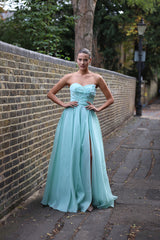 Eira - Floral strapless long sleeve slit wedding guest dress