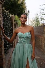 Eira - Floral strapless long sleeve slit wedding guest dress