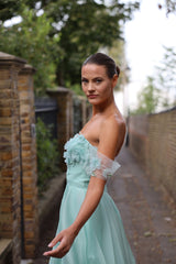 Eira - Floral strapless long sleeve slit wedding guest dress