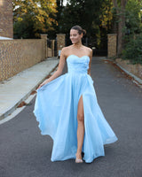 Eira - Floral strapless long sleeve slit wedding guest dress