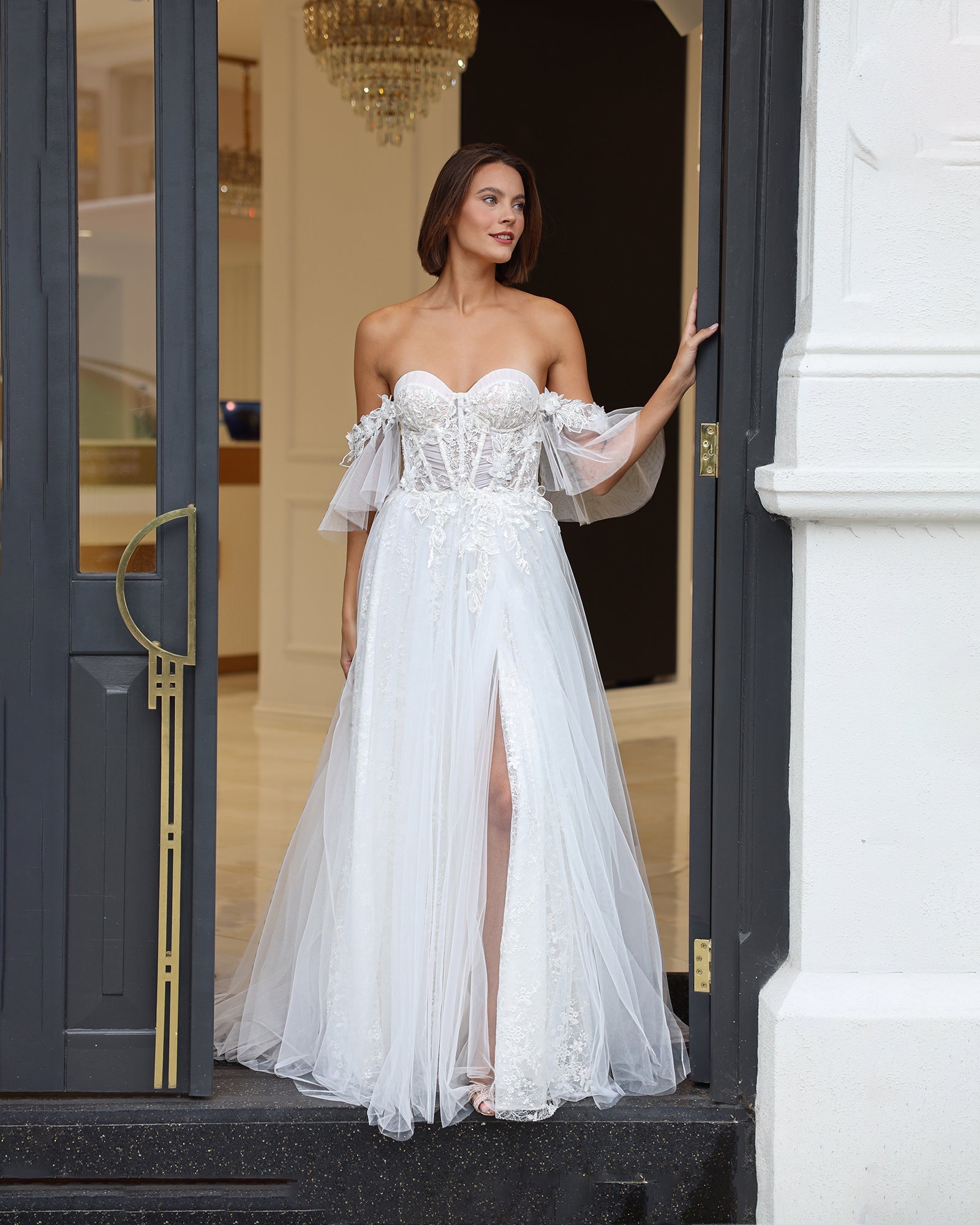 Hermione Embroidered off the shoulder wedding dress Galisa Grace