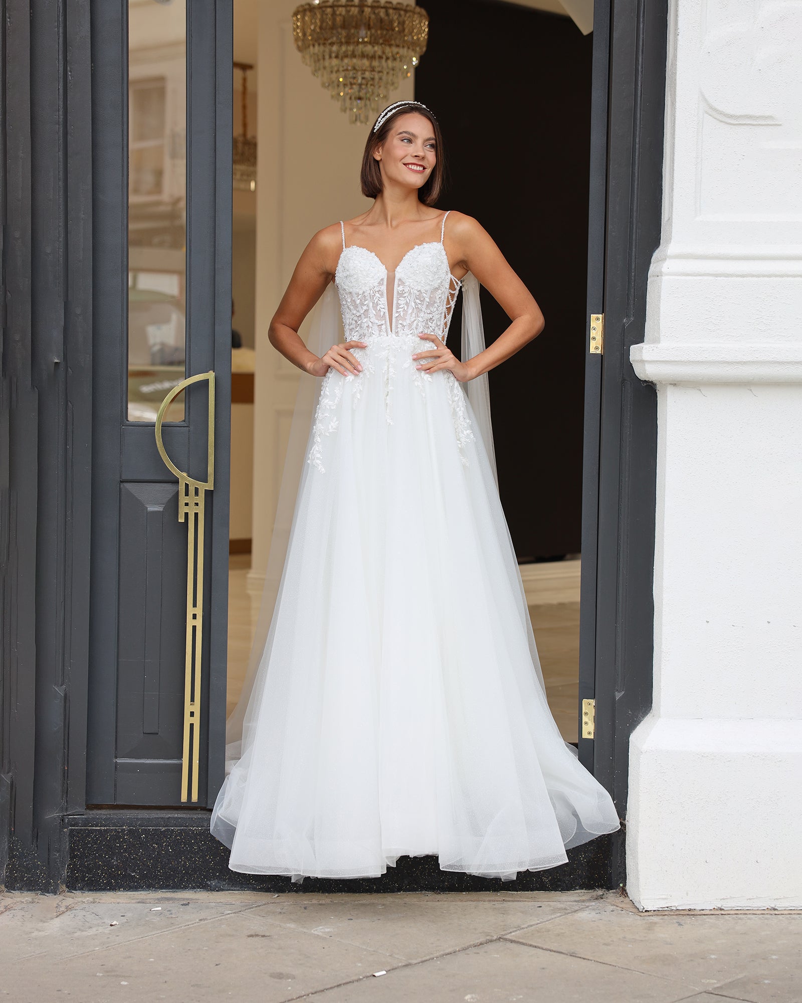 Jocelyn V neck lace embroidered wedding dress with wide straps