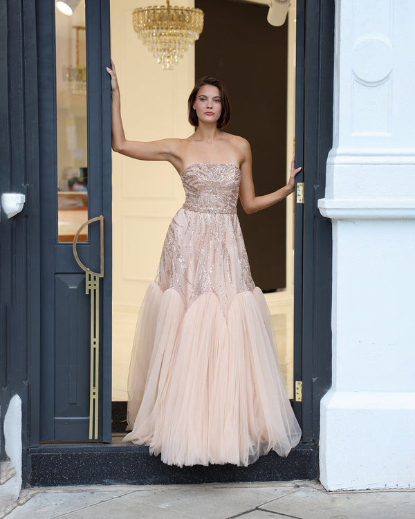 Livia - Embroidered sleeves strapless long strapless special occasion dress