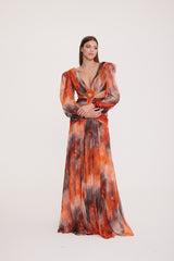 Wendy - Patterned Chiffon Dress with Deep Neckline Decolletage