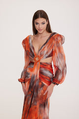 Wendy - Patterned Chiffon Dress with Deep Neckline Decolletage