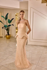 Adelina – Champagne Blush Beaded Strapless Gown with Peplum Waist – Galisa Grace – view 1
