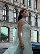 Amy – Asymmetric Beaded Evening Gown with Satin Skirt