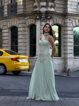 Amy – Asymmetric Beaded Evening Gown with Satin Skirt