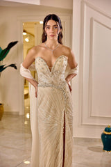 Belladore – Nude Champagne Beaded Evening Gown with High Slit – Galisa Grace – view 3
