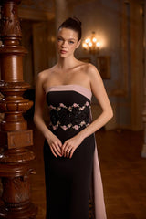 Camellia – Black and Blush Satin Gown with Floral Waist Detail – Galisa Grace – view 2