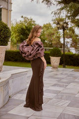 Cassia – Chocolate Brown Halter Gown with Ruched Waist and Satin Sleeves – Galisa Grace – view 2