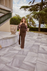 Cassia – Chocolate Brown Halter Gown with Ruched Waist and Satin Sleeves – Galisa Grace – view 1