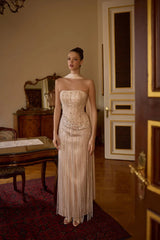 Celestine – Champagne Nude Crystal-Fringe Gown with Satin Column Skirt – Galisa Grace – view 3