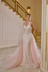Cressida – Blush Ivory Halter Lace Bridal Gown with Removable Tulle Overskirt – Galisa Grace – view 2