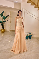 Delphine – Blush Apricot Embroidered Corset Gown with Chiffon Skirt – Galisa Grace – view 1