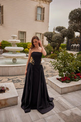 Elowen – Black Strapless Evening Gown with Gold Waist Detail – Galisa Grace – view 1