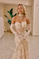 Evanthe – Champagne Ivory Lace Mermaid Bridal Gown with Off-Shoulder Sleeves – Galisa Grace – view 3