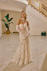 Evanthe – Champagne Ivory Lace Mermaid Bridal Gown with Off-Shoulder Sleeves – Galisa Grace – view 1